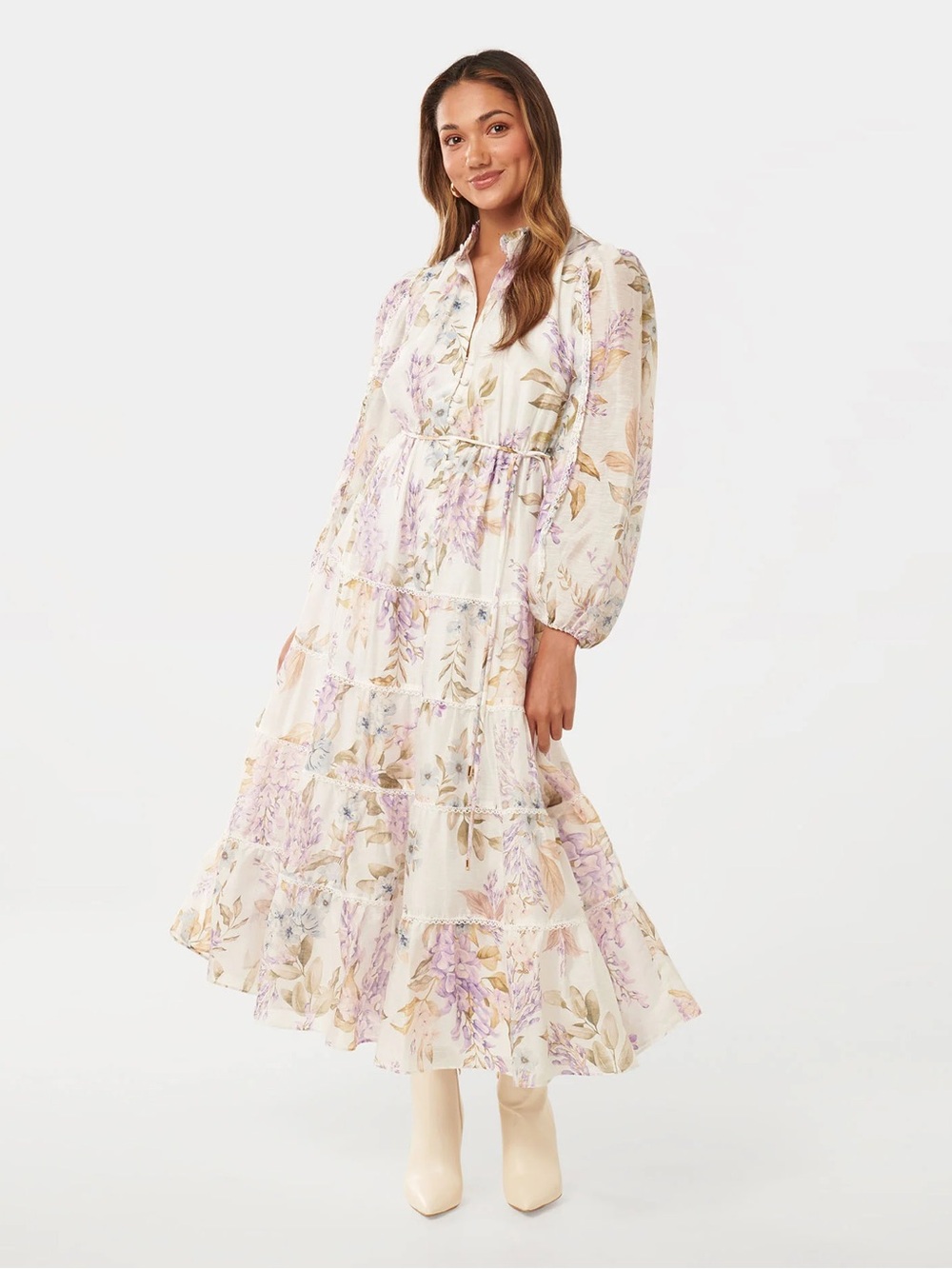 Ever New Cream Floral Tiered Midi Dress with Lavender Print